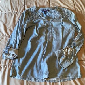 Denim pull on shirt. Beaded. Roll cuff. small